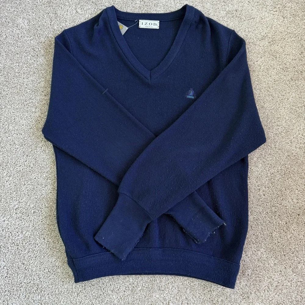 Vintage IZOD Sweater Mens Large Blue Acrylic Tight Knit V Neck Pullover USA